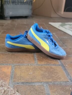 Puma Kids Blue Suede Sneakers with Yellow Formstrip